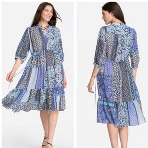 Johnny Was Workshop Marrakesh Drawstring Midi Dress Blue Print Patchwork Size XL